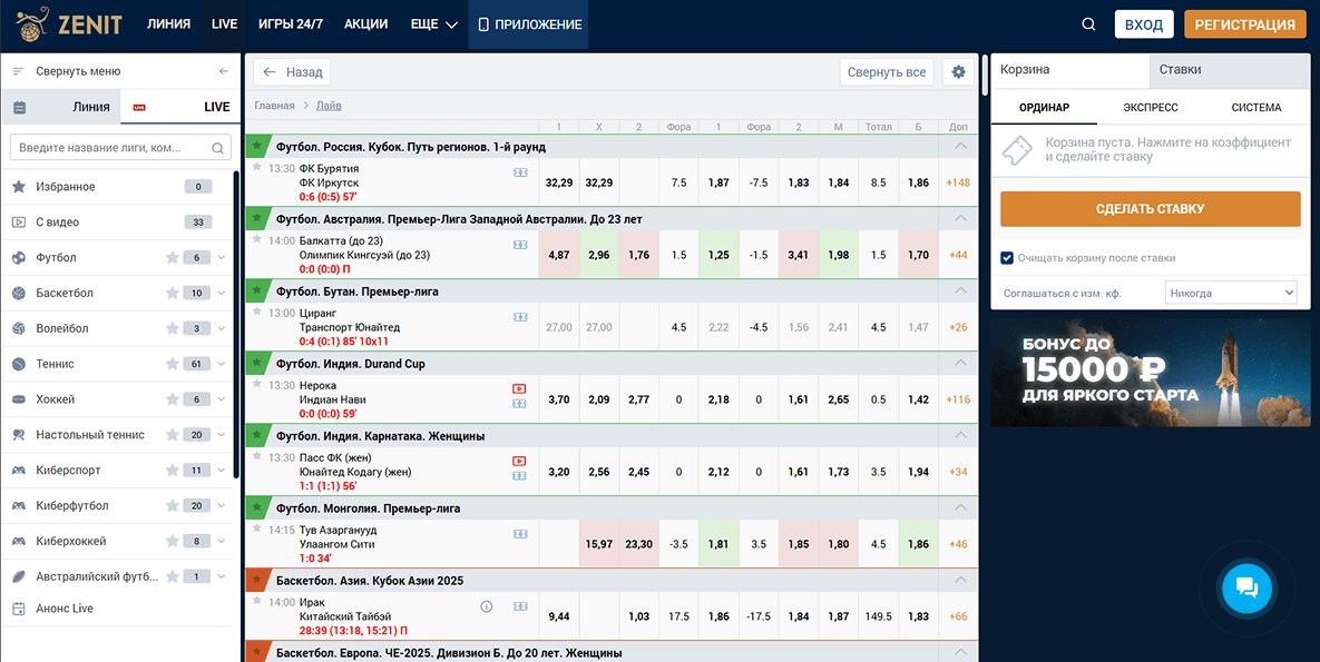 Лайв ставки в Зенит на пк
