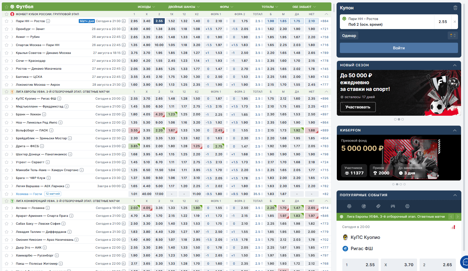 Линии ставок на спорт в Фонбет