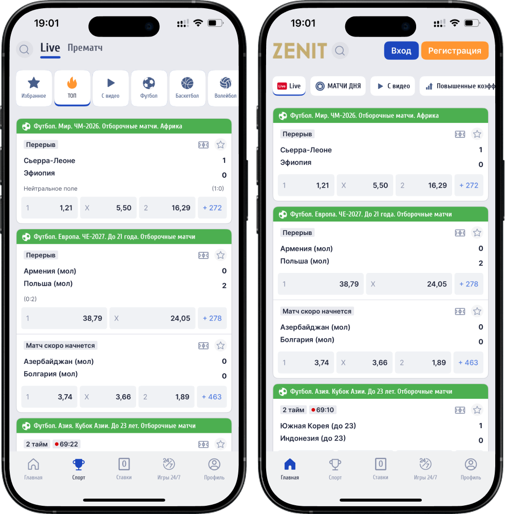 Интерфейс БК Зенит для ios