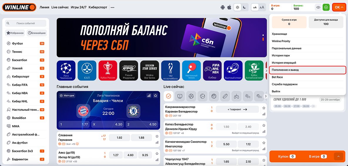 Как пополнить счет в БК Winline: инструкция депозита на счет