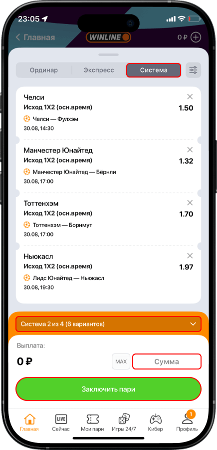 Система в приложении Винлайн