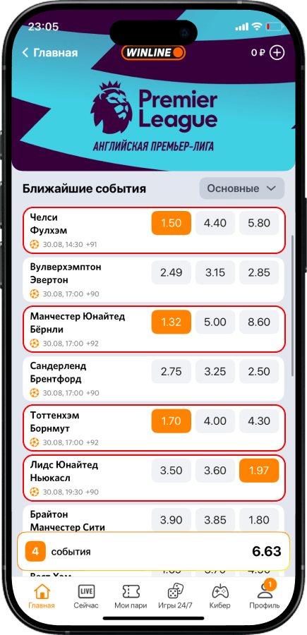 Система в приложении БК Винлайн