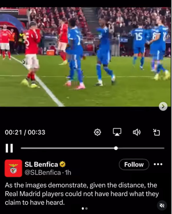 «Бенфика» опубликовала видео эпизода с Винисиусом после скандала